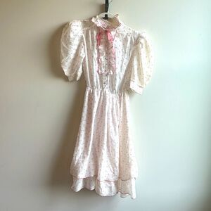 Vintage 1970s Jerri Lee New York Prairie Dress White with Pink Floral Size 3